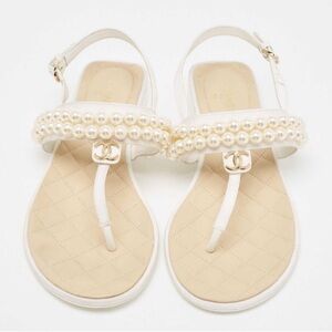 CHANEL Women's Cream Pearl Embellished Sandals 39.5